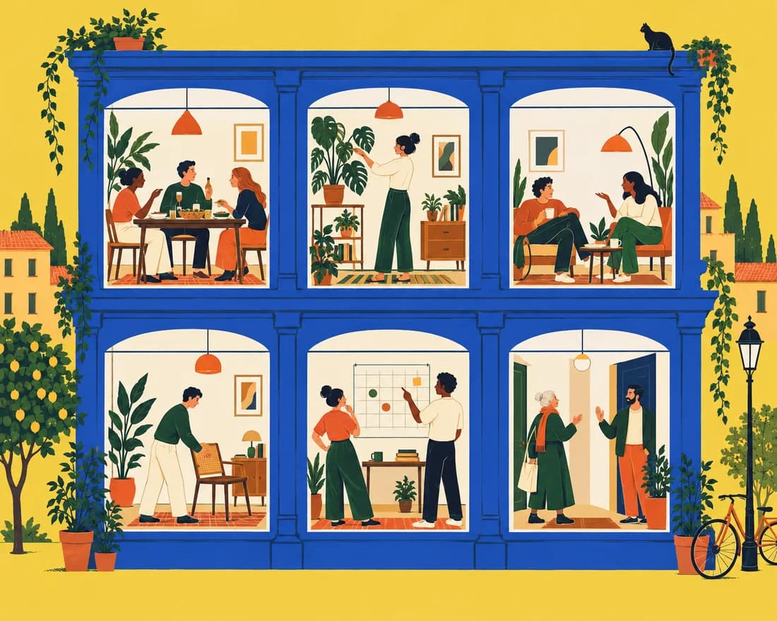 Ein Haus mit sechs Zimmern, in denen Menschen essen, reden, planen, umziehen und sich treffen.
