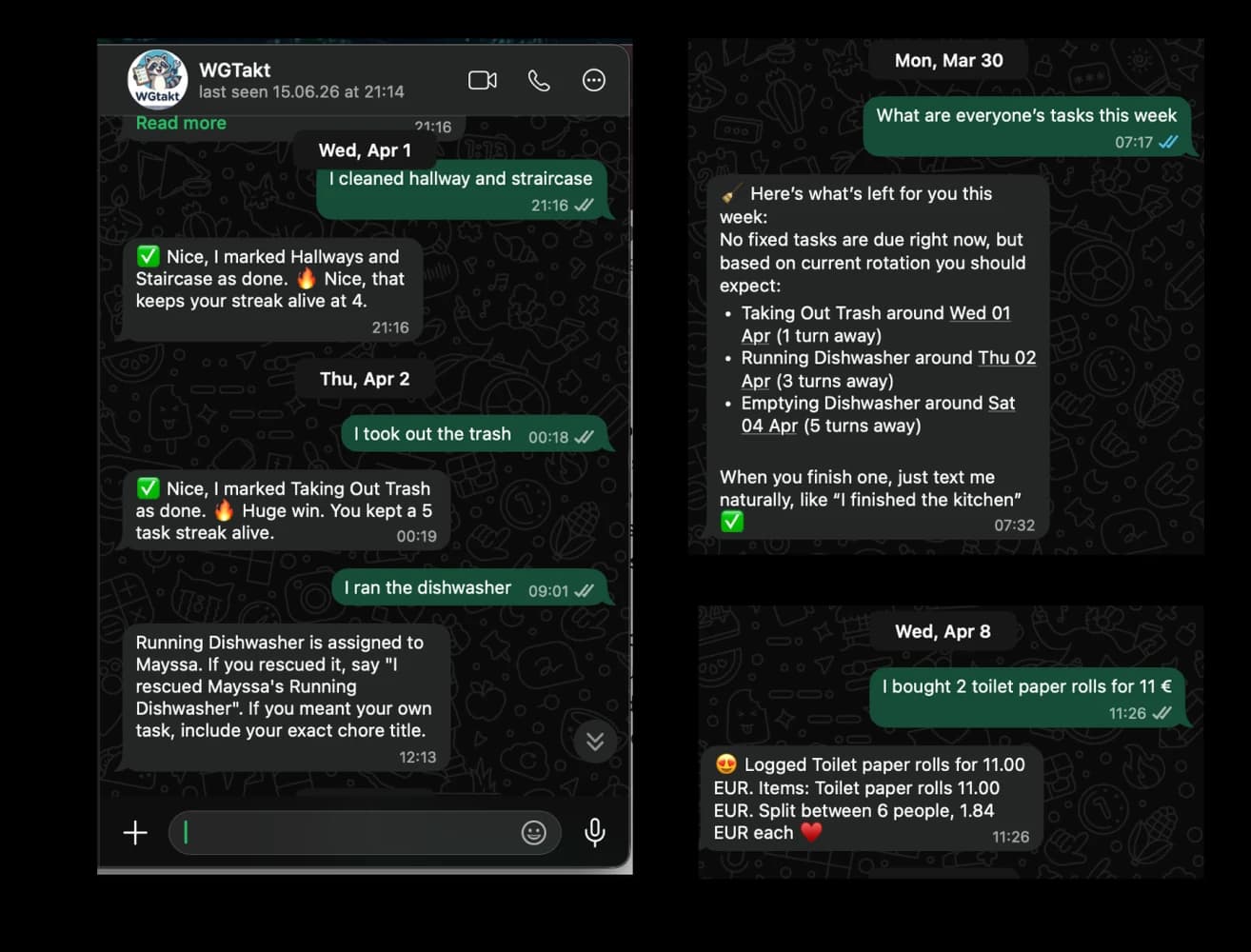 Historische Gespräche mit WGTakt in WhatsApp über erledigte Aufgaben, geplante Runden und einen gemeinsamen Einkauf